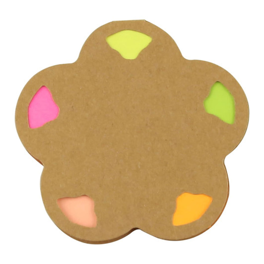 A flower-shaped sticky note pad in brown with pink, green, orange, and yellow sections. Features a branding logo.