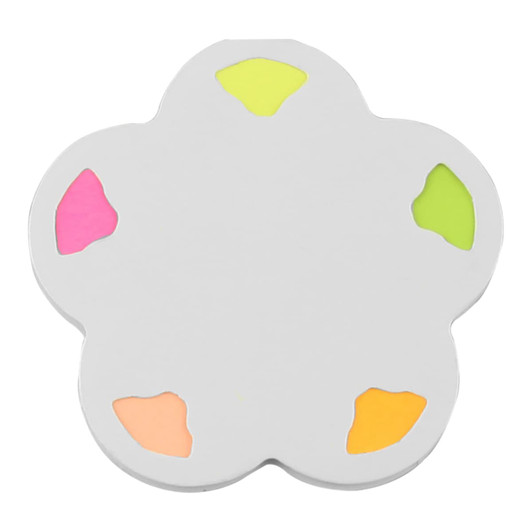 A floral-shaped sticky note pad in white, featuring bright pink, yellow, green, and orange sections. It has a logo.