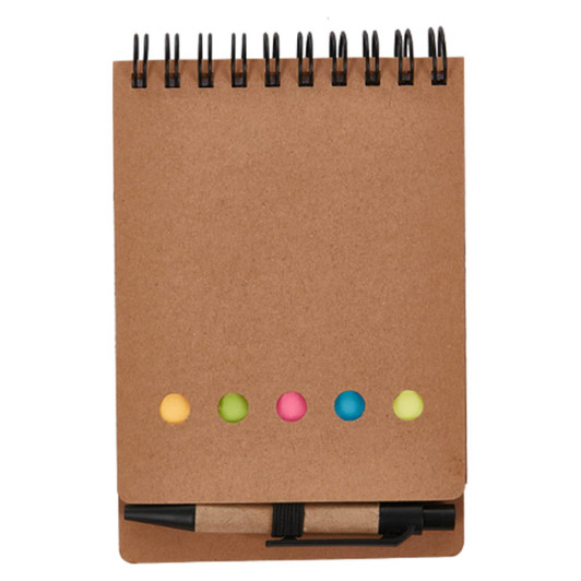A brown, spiral-bound sticky note pad with a black pen and colourful sticky dots on the front.