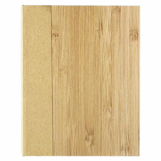 A bamboo sticky note pad with a textured bamboo cover. Features natural bamboo tones and a minimalist design.