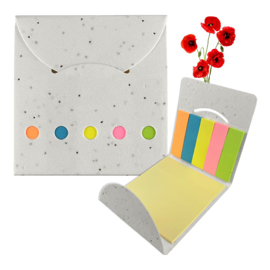 A sticky note pad featuring a speckled grey cover with colourful sticky notes in pink, green, orange, and yellow.