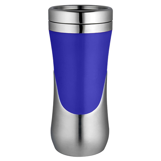 A travel mug with a sleek silver base and a vibrant blue body, featuring a stainless steel rim and a logo.