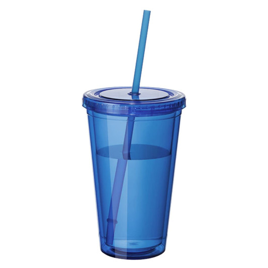 A blue plastic tumbler with a straw and lid, featuring a solid design and a logo.