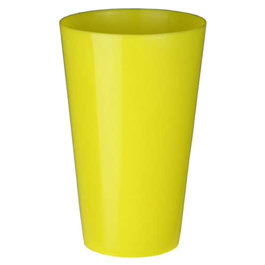 A yellow plastic cup with a tapered design and a glossy finish. The cup features a logo.