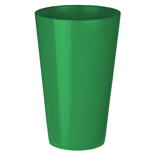 A green plastic party mug with a tapered design, featuring a smooth surface and a logo.