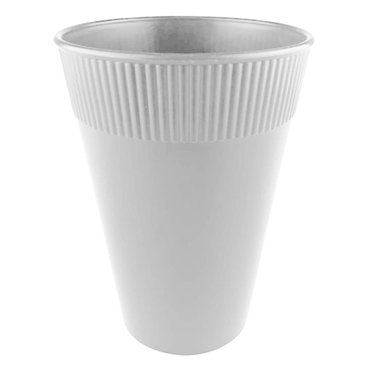 A white plastic cup with ribbed texture, 12oz capacity, featuring a logo. Ideal for casual drinks and events.