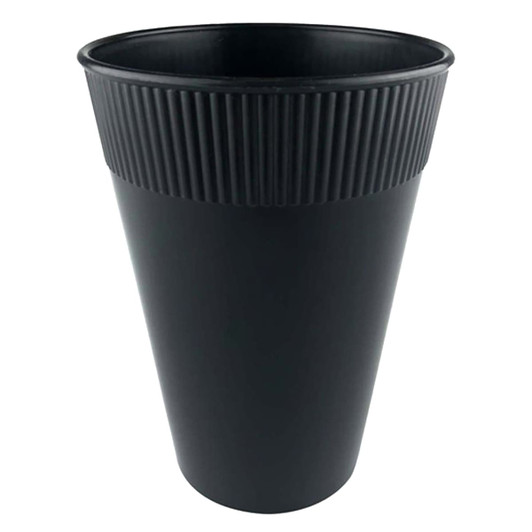 A plastic cup with a ribbed design in black, suitable for various beverages. It features a logo on the surface.