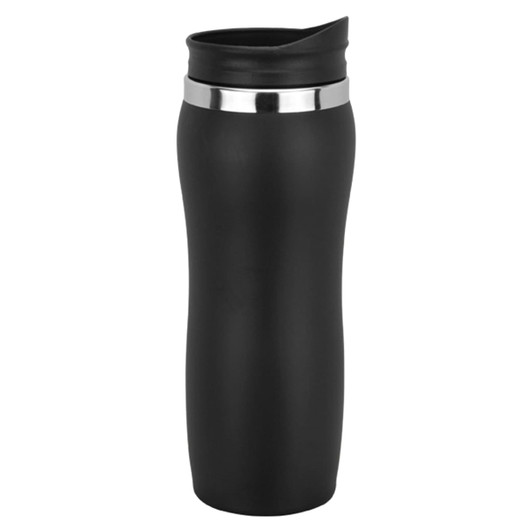 A travel mug in sleek ebony colour with a stainless steel band at the top, featuring a designed lid.