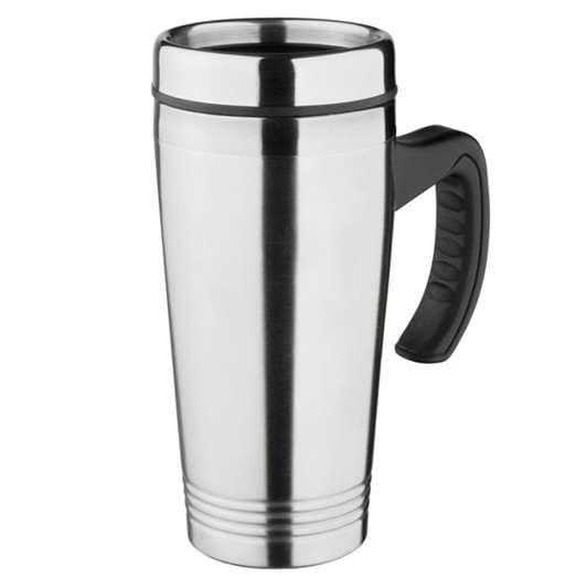A stainless steel travel mug with a black handle and an insulated design. It features a sleek, shiny finish.