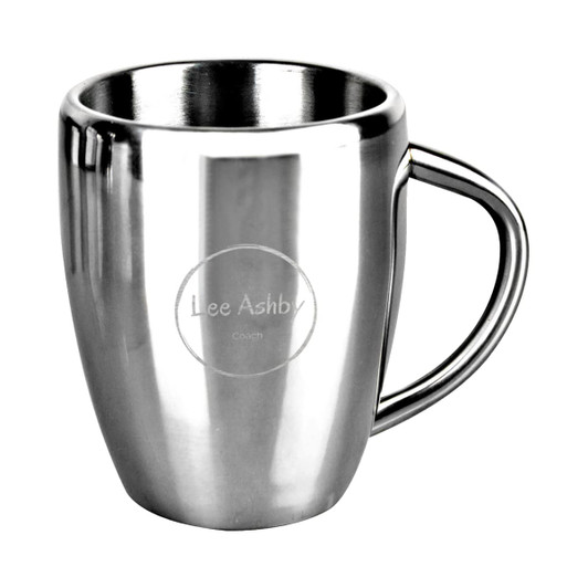 A polished stainless steel coffee mug with a curved handle and a logo on one side.