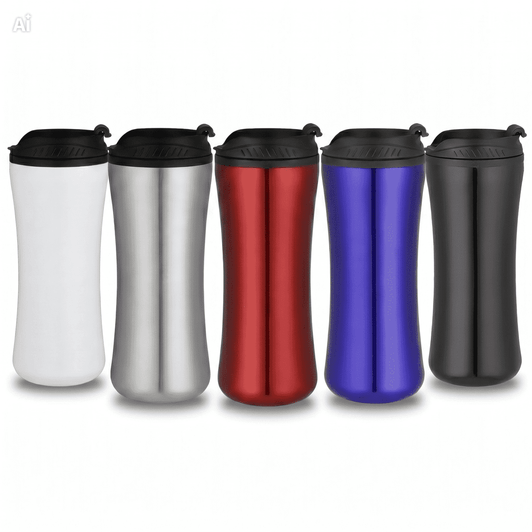 A collection of travel mugs in white, silver, red, blue, and black, featuring a lid and a logo.