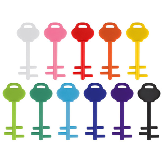 A collection of key-shaped mobile phone stands in variousColours: white, pink, orange, red, green, blue, purple, and black. Each has a logo.