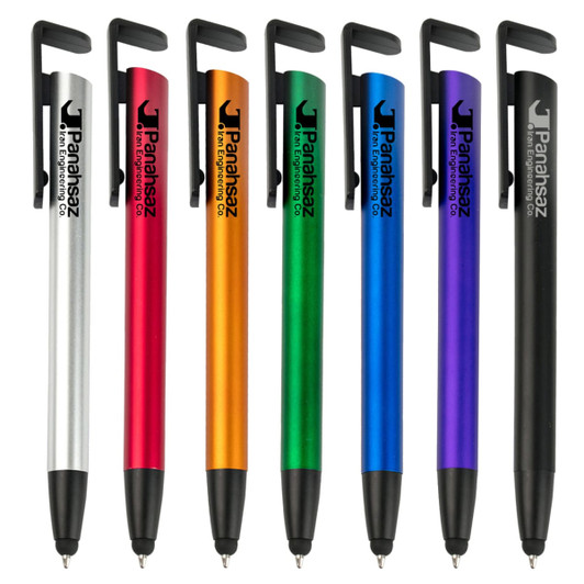 A collection of seven stylus pens in silver, orange, purple, green, blue, black, and red, featuring clips and branding.
