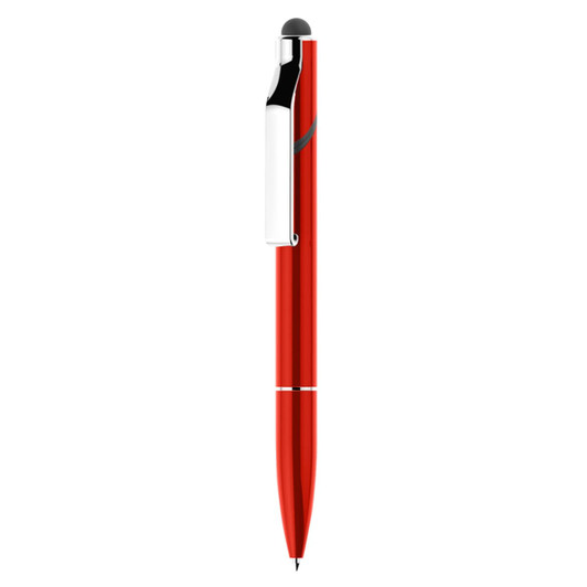 A red stylus pen with a twist mechanism and a chrome clip. It features a logo on the body.