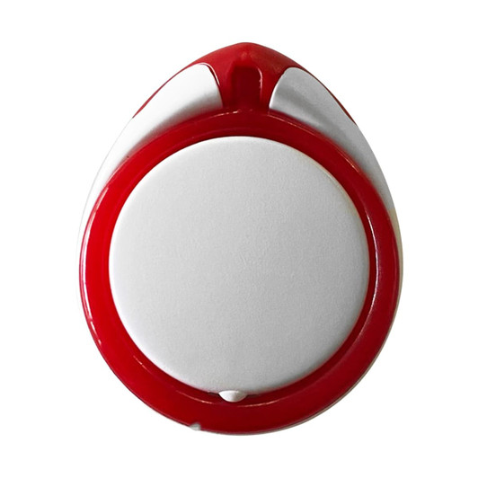 A red and white phone stand with a circular design and a glossy finish, featuring a logo on the front.