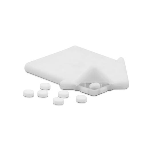 A house-shaped mint card in white with several small white mint tablets. The card has a logo.