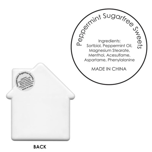 A house-shaped mint card in white, featuring peppermint-flavoured sugar-free sweets. The product has a logo on it.