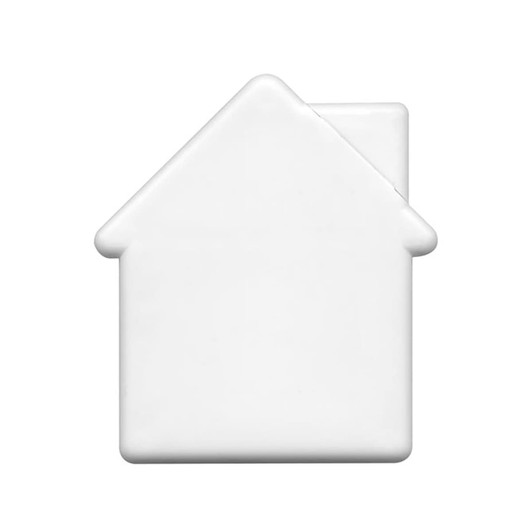 A house-shaped mint card in white, featuring a simple, smooth design. It includes a branding logo.