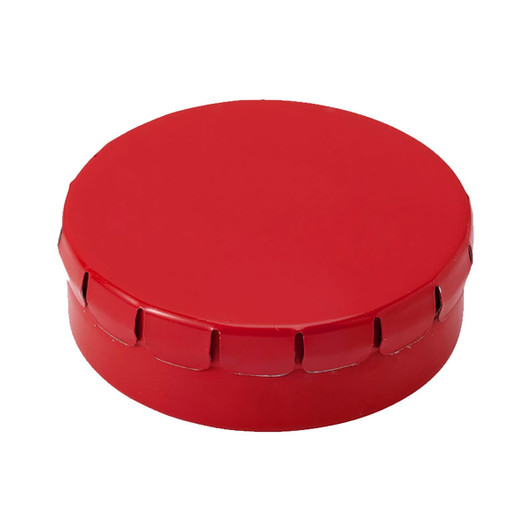 A red mint tin with a hinged lid and decorative notches around the edge. Contains mint confectionery.
