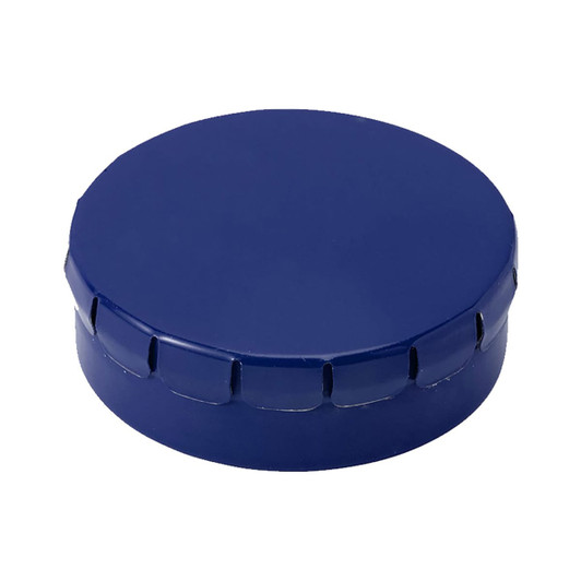 A deep blue mint tin with a rounded lid, featuring a textured edge. The tin has a logo on the top.