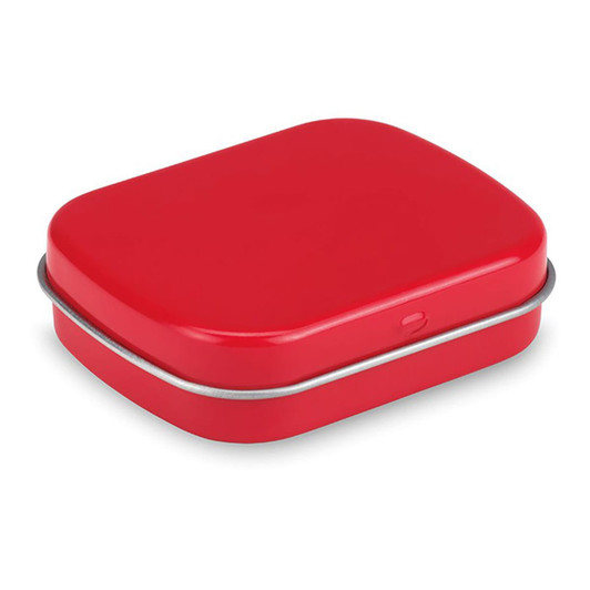 A rectangular red mint tin with a silver rim and a smooth finish, featuring a logo on the lid.