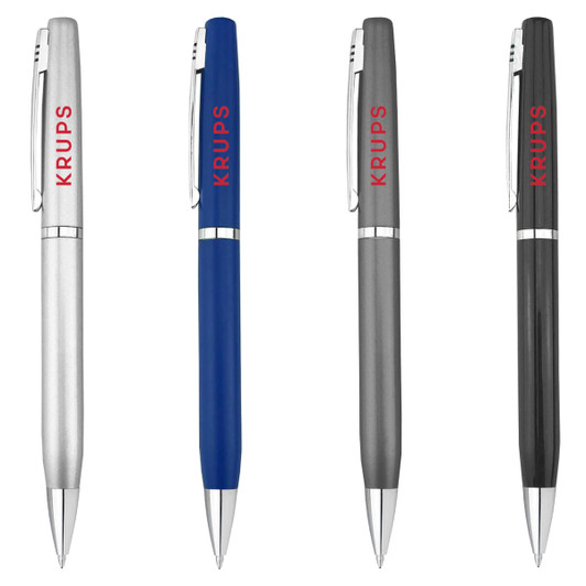 A collection of metal pens in silver, blue, grey, and black, featuring a logo on each pen.