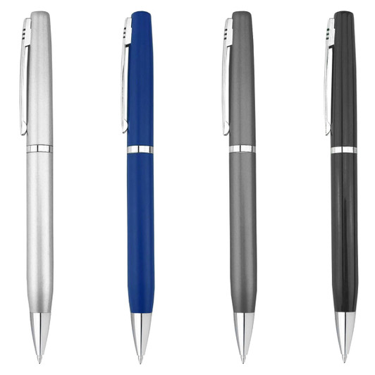 A set of four metal pens in silver, blue, grey, and black, featuring a sleek design and a logo.