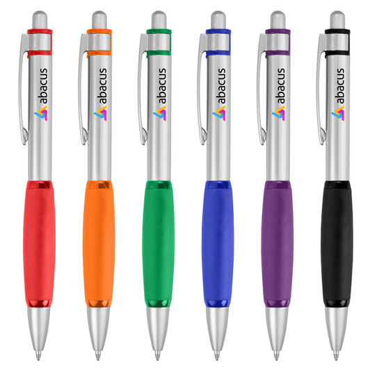 A collection of six metal pens in red, orange, green, blue, purple, and black with silver accents and a logo.