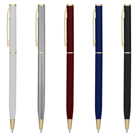A collection of "Berlino Metal Gold" pens in white, silver, burgundy, navy, and black with gold accents. Each pen features a clip and logo.