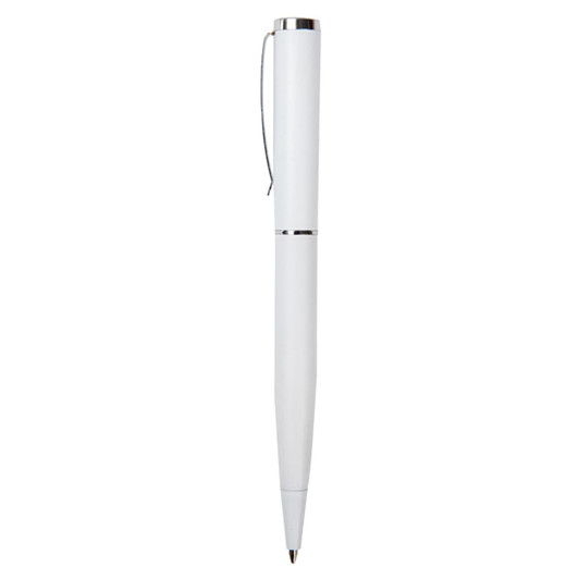 A white metal pen with a sleek design and silver accents, featuring a clip and a branding logo.