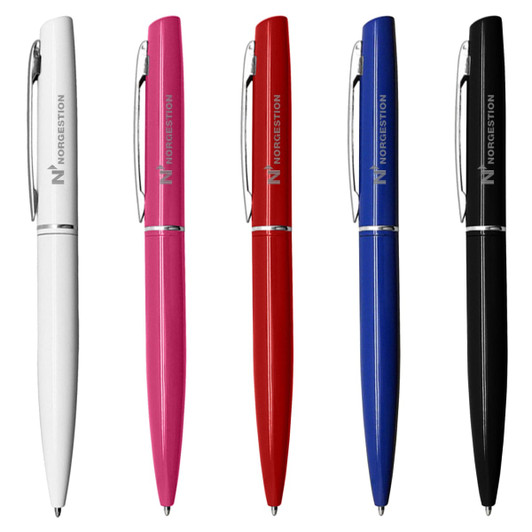 A collection of five metal pens in white, pink, red, blue, and black, featuring branding on each pen.