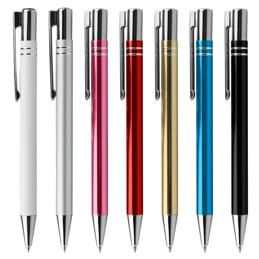 A collection of metal pens in white, pink, red, gold, blue, and black, featuring chrome accents and a branding logo.