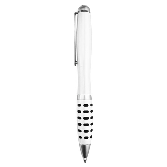 A white metal pen with a dotted black grip and a silver clip. The pen features a sleek design and includes a logo.
