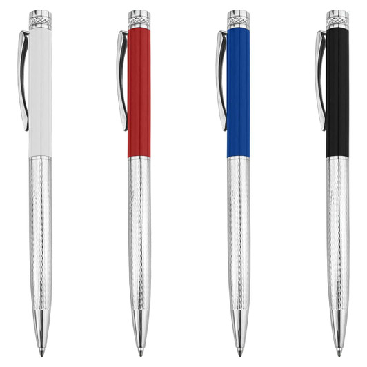 A set of four metal pens in white, red, blue, and black, featuring a textured grip and a silver clip.