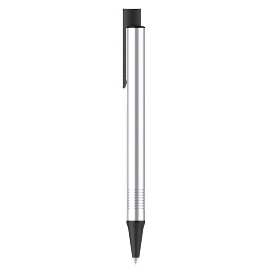 A silver metal pen with a black tip and clip, featuring a sleek and minimalistic design.