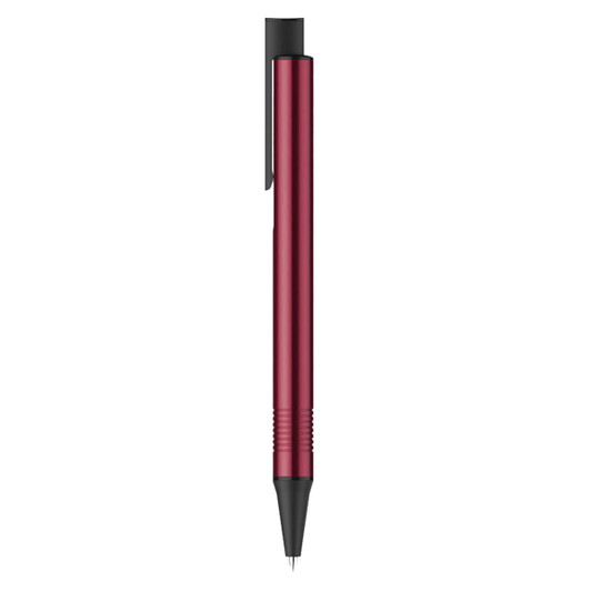 A metal pen in a sleek red colour with a black tip and clip, featuring a simple logo design.