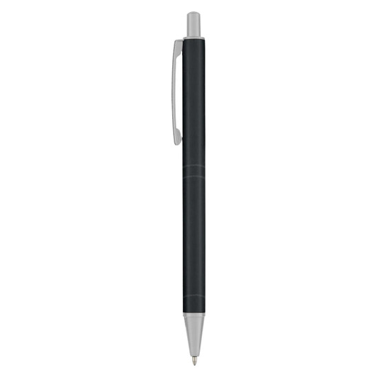 A metal pen in black with silver accents, featuring a clip and a smooth barrel design.