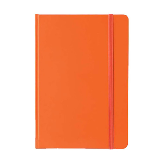 An orange A5 PU notebook with a pink elastic band closure and a smooth finish. It features a logo on the cover.