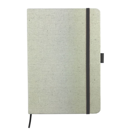 A cotton notebook in light grey with a black elastic closure and ribbon bookmark, featuring a logo.