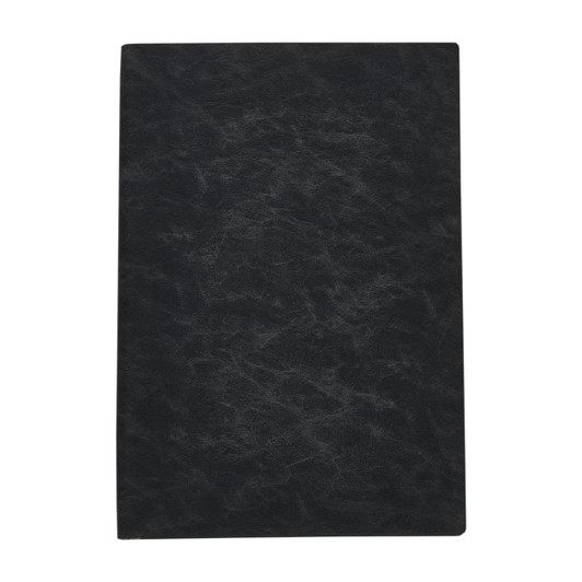 A black notebook featuring a textured cover with a minimalist design and a logo on the front.