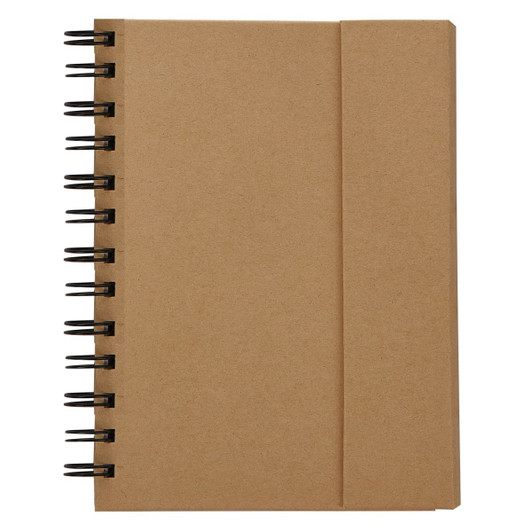 A brown spiral-bound notebook with a textured cover and a band to secure it.