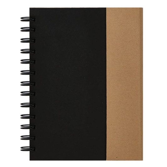 A notebook featuring a black cover with a brown kraft side, secured by a black spiral binding. It has a logo on the front.