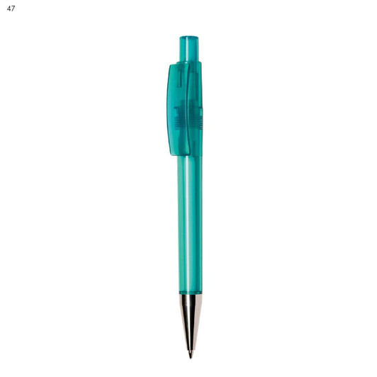 A plastic pen in a translucent teal colour with a silver barrel and a clip. It features branding on the body.