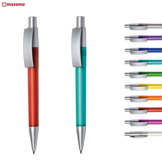 A selection of plastic pens in red, teal, and various other colours, featuring silver accents and a logo.