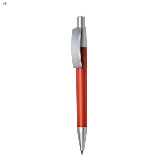 A red plastic pen with a silver clip and tip, featuring a sleek design and a logo on the side.