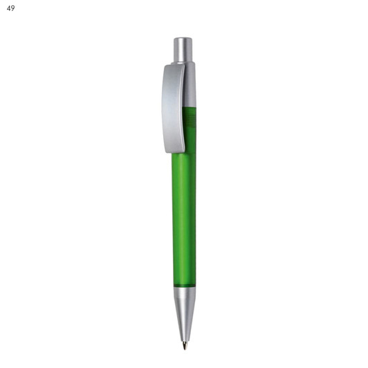 A green plastic pen with a silver clip and tip, featuring a branding logo.