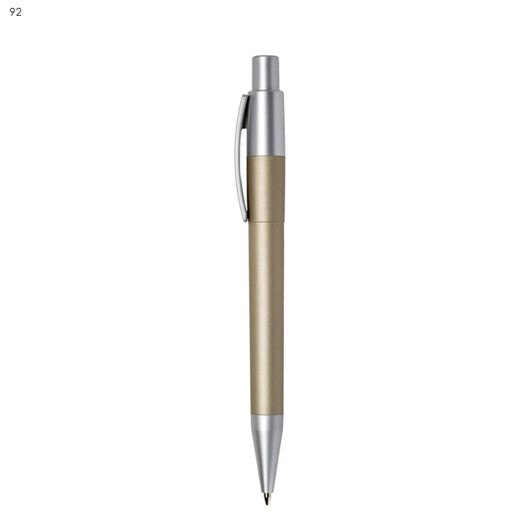 A plastic pen featuring a gold barrel and silver accents, complete with a clip and a logo.