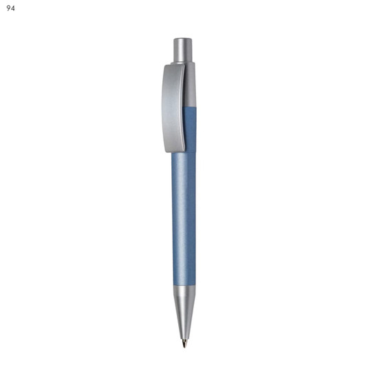 A blue plastic pen with a silver clip and a sleek design, featuring a branding logo.