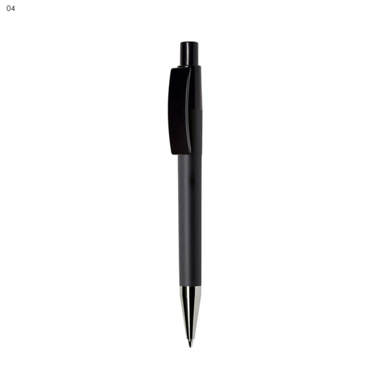 A black plastic pen with a sleek design and a clip, featuring a shiny silver tip and a logo on the barrel.