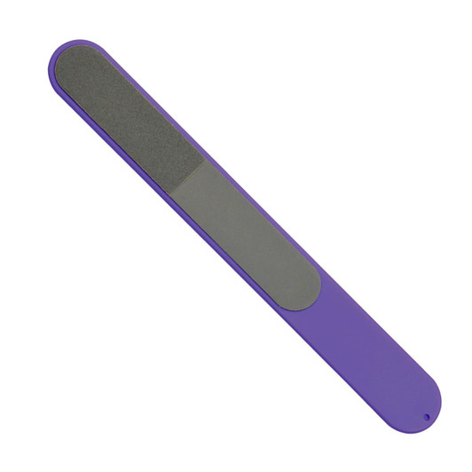 A purple nail file with a textured surface, designed for smoothing and shaping nails, featuring a logo.